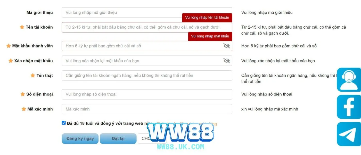 Những thông tin người chơi cần điền để đăng ký WW88 